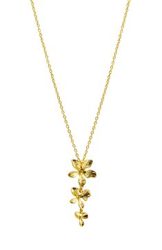 Show off nature-inspired shine with this glossy necklace suspending a triple flower drop pendant finished in 14-karat gold plate. 16" length; 2" extender; 3/4"W x 2"L pendant 14k-gold plate Imported Gold Flower Jewelry Set, Prom Necklaces Gold, Unique Gold Necklace Designs, Stacked Gold Necklaces, Prom Jewelry Gold, Necklaces Prom, Gold Prom Jewelry, Cute Gold Necklace, Unique Gold Necklace