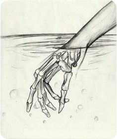 a drawing of a hand reaching for something in the water with it's fingers