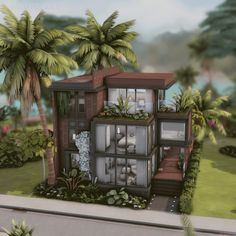 an artist's rendering of a house in the middle of palm trees and bushes