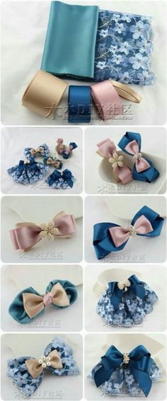 many different types of bows are shown in this photo collage, including blue and pink