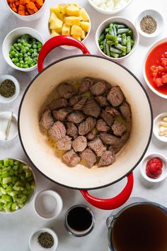 a pot filled with meat surrounded by bowls of vegetables