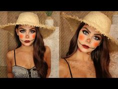 two pictures of a woman with makeup on her face and wearing a straw hat over her head