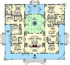 a floor plan for a house with an indoor swimming pool in the middle of it