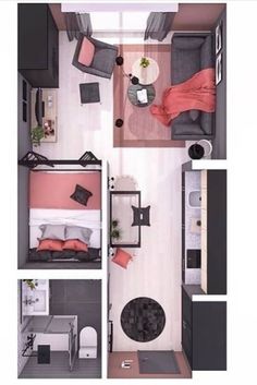 an overhead view of a small bedroom and living room in a tiny apartment with furniture