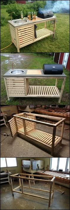 two pictures showing different types of furniture made out of pallet boards and wood planks