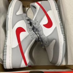 Brand New Nike Dunk Low Big Kids Size 4.5y= Women 6 Wolf Grey/ Red Style: Dv7149-001 Please Check Your Sizing Before Purchasing. No Returns. Red Nike Dunks, Estilo Cholo, Shoes For School, Pretty Sneakers, Custom Shoes Diy, Back To School Shoes, Trendy Shoes Sneakers, Nike Fashion Shoes, Jordan Shoes Girls