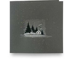 a greeting card with a house and trees on the hill in the snow at night