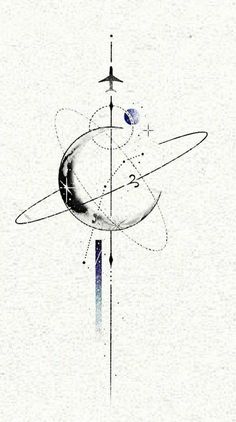 an artistic drawing of the planets and their satellites, with lines going from one side to the other