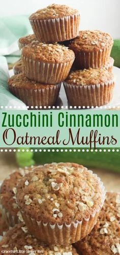 zucchini cinnamon oatmeal muffins stacked on top of each other