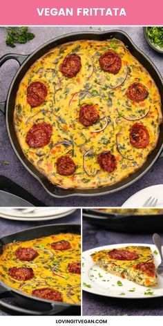 a pizza in a pan with toppings on top and the words vegan frittata above it