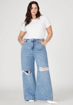 "High Rise Yvette Jeans - Wide Leg Denim", Medium Wash Distress Plus Size Wide Leg, Dressing Over 50, Night Out Tops, Wide Jeans, Swimsuits For All, Jeans Outfit, Perfect Jeans, Wide Leg Denim, Vintage Jeans