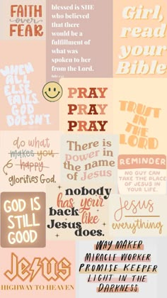 a collage of different types of lettering on a white and pink background with the words pray