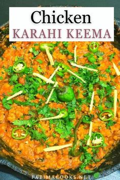 chicken karashi keema in a cast iron skillet with parsley on top