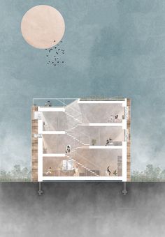 an illustration of a building with birds flying over it