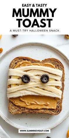 an easy and tasty halloween toast with peanut butter, banana slices and chocolate eyes