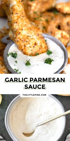 garlic parmesan sauce in a bowl with chicken wings and dipping sauce on the side