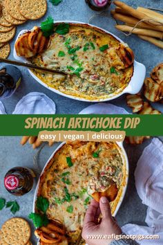 spinach artichoke dip in a casserole dish with crackers on the side