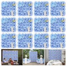 blue hydrangeas are arranged on the wall in this collage