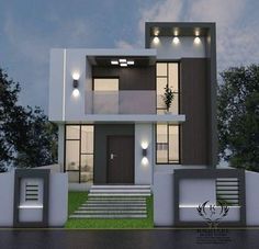 a modern style house with lights on the front and stairs leading up to it's entrance