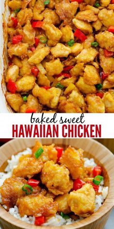 two pictures with different types of food in them and the words baked sweet hawaiian chicken