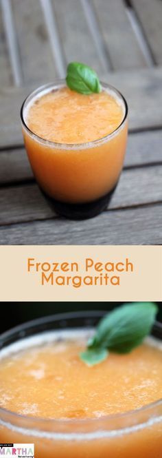 frozen peach margarita with basil garnish in a glass bowl