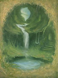 a painting of a waterfall in the middle of a green forest with stairs leading up to it