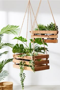 hanging planters made from wooden pallets with plants in them