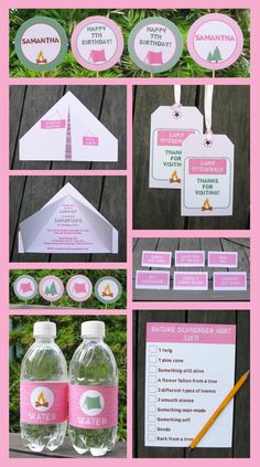 pink and green birthday party supplies including water bottles