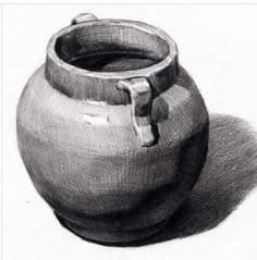 a black and white drawing of a vase with a handle on the bottom, sitting next to a shadow