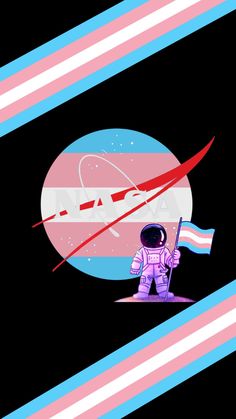 an astronaut is holding a flag in front of a space station background with pink and blue stripes