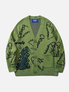 Aelfric Eden Dinosaur Graffiti Pattern Knitted Sweater – Aelfric eden Dinosaur Sweater, Sweater Streetwear, The Cardigans, Black Cardigan Sweater, Oversized Knit Cardigan, Mens Cardigan Sweater, Cardigan Vintage, Patterned Cardigans, Korean Fashion Women