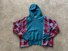 Sweatshirt And Flannel Upcycle, Clothing Recycling, Teal Sweatshirt, Hoodie Flannel, Thrift Ideas, Sew Ideas