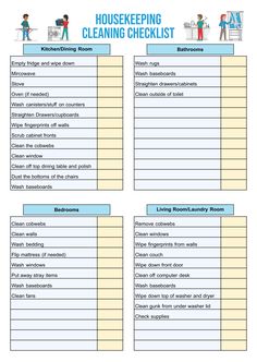 the house cleaning checklist is shown in this printable form, with two people standing on