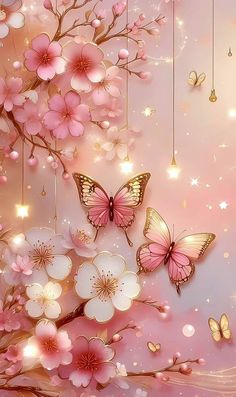 pink flowers and butterflies are hanging from the branches