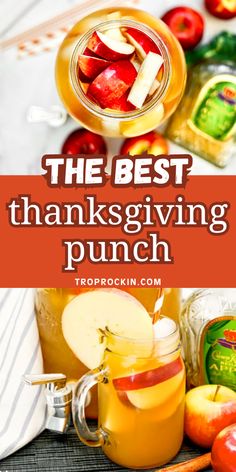 Thanksgiving punch in a pitcher and a glass with apple slices. Punch Bowl Cocktail Recipes, Spiked Punch Recipes, Friendsgiving Drinks, Whiskey Punch, Apple Cider Whiskey, Fall Punch, Thanksgiving Recipes Drinks, Beverages Recipes, Crown Apple