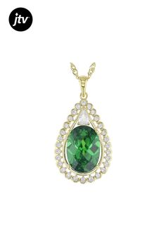 Bella Luce�� emerald and white diamond simulants 6.91ctw oval, pear, and round, Eterno��� 18k yellow gold over sterling silver pendant with chain. Pendant measures approximately 1.25" L x 0.67" W. Includes a 18" L x 0.03" W singapore chain that has a 2" extender and lobster claw clasp closure. Pendant With Chain, Diamond Simulant, Chain Pendant, Sterling Silver Pendant, Green And White, White Diamond, Lobster Claw, Sterling Silver Pendants, Silver Pendant