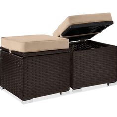 two brown wicker storage boxes with beige cushions and an open lid on the top