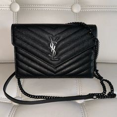 Black - 100% Authentic Ysl Envelope, Bags Ysl, Envelope Purse, Saint Laurent Bags, Gift Inspo, Yves Saint Laurent Bags, Wallet On Chain, Small Wallet, Chain Bags