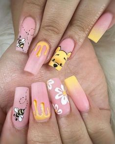 Fruit Nail Inspiration, Acrylic Nails Cute Design, Simple Winnie The Pooh Nails, Cute Nail Designs For Acrylics, Lola Bunny Nails, Nail Designs Disney, Disney Nails Design, Cute Disney Nails, Winnie The Pooh Nails