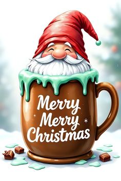 a cartoon santa claus in a coffee mug with green liquid on it's side