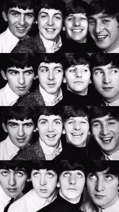 black and white photo of the beatles in four different pictures, one smiling at the camera