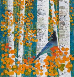 an art work with birch trees and blue bird on the branch, surrounded by orange flowers