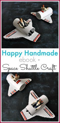 two paper airplanes with people on them and the text happy handmade book space shuttle craft