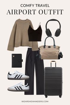 Comfy Travel Outfits to Wear to the Airport and Beyond Athleisure Outfits Travel, Clothes For Traveling Airplane, Airport Outfit Inspo Comfy, Outfit For Trip Travel Fashion, Woman Airport Outfit, Casual Airport Outfit Summer Travel Wear, Business Casual Airport Outfit, Casual Airport Looks Women