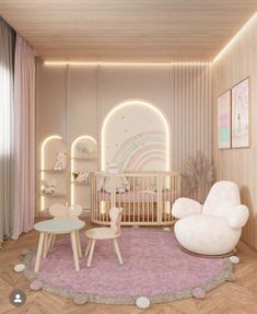 a baby's room with white furniture and pink rug