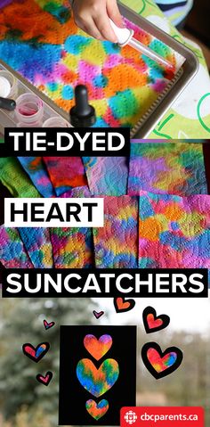 someone is making heart suncatchers out of tie - dyed material and then using glue to make them look like hearts