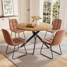 PRICES MAY VARY. Stylish and Functional Dining Set: This set includes a round table and 4 leather chairs, designed for easy conversation and gathering with family and friends. Durable Construction: The round table is crafted from thick MDF material with a sturdy X-shaped carbon steel base and non-slip rubber pads, ensuring stability and longevity. The chairs feature high-quality PU leather upholstery, ergonomic curved backs, and high elastic sponge for comfort and durability. Easy Assembly and M Dining Room Decor Round Table, Eclectic Dining Room Chairs, Apartment Dining Table, Kitchen Coffee Table, Round Dining Table Set, Round Dining Table Sets, Round Kitchen Table, Apartment Dining, Brown Chair