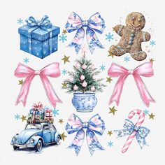 an image of christmas decorations and bows on a white background with blue car in the foreground