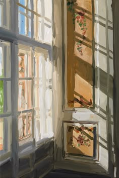 a painting of an open window with the sun shining through it's glass panes