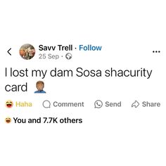 two tweets with the same caption on them, one says i lost my damn sosa shacuty card